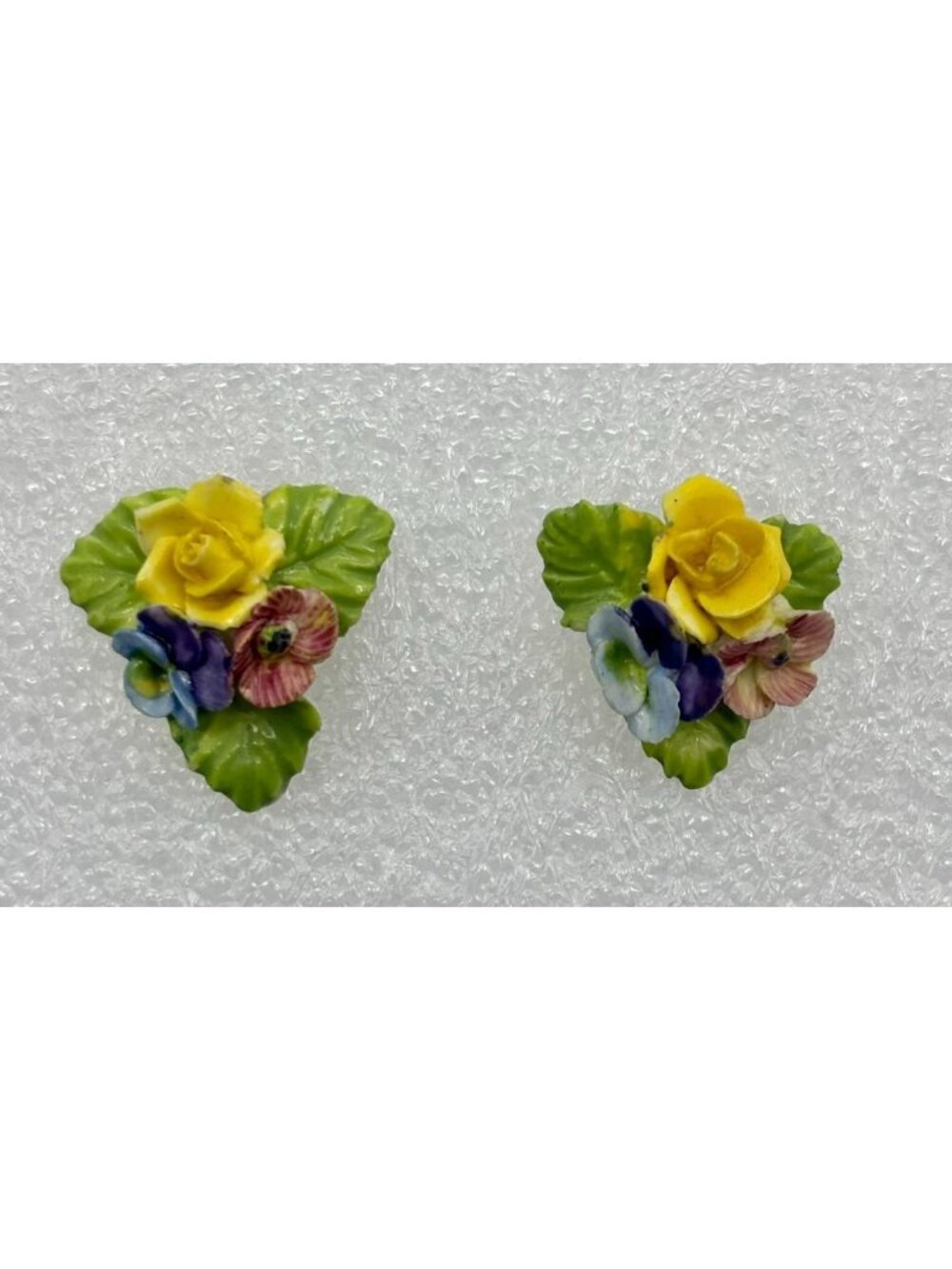 Vintage English Fine Bone China Earrings Hand Painted Floral Clusters Screw-Back